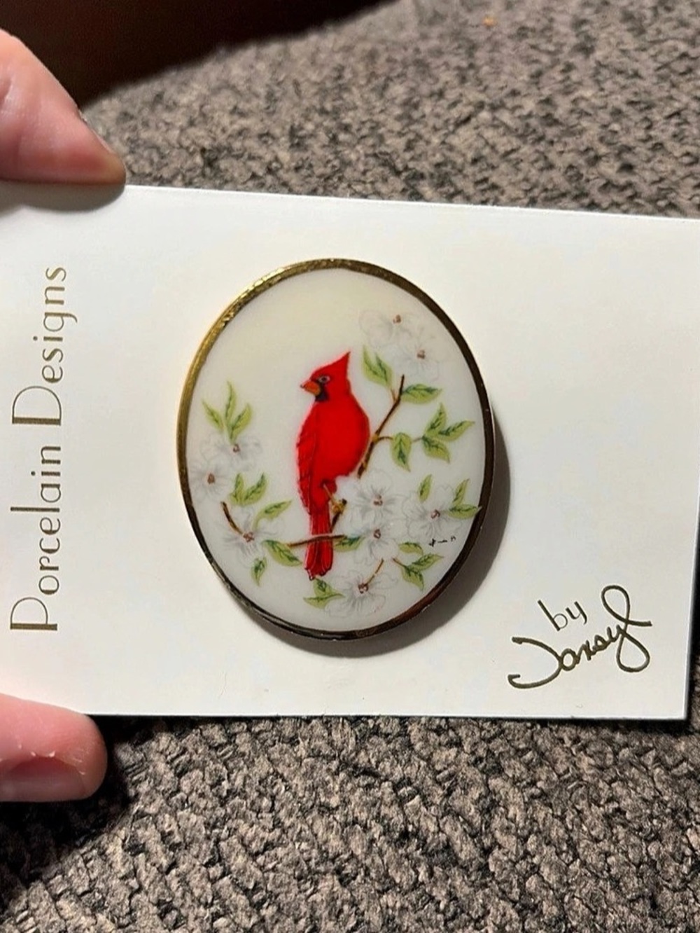 Designs by Jansyl Porcelain Cardinal Brooch in White &